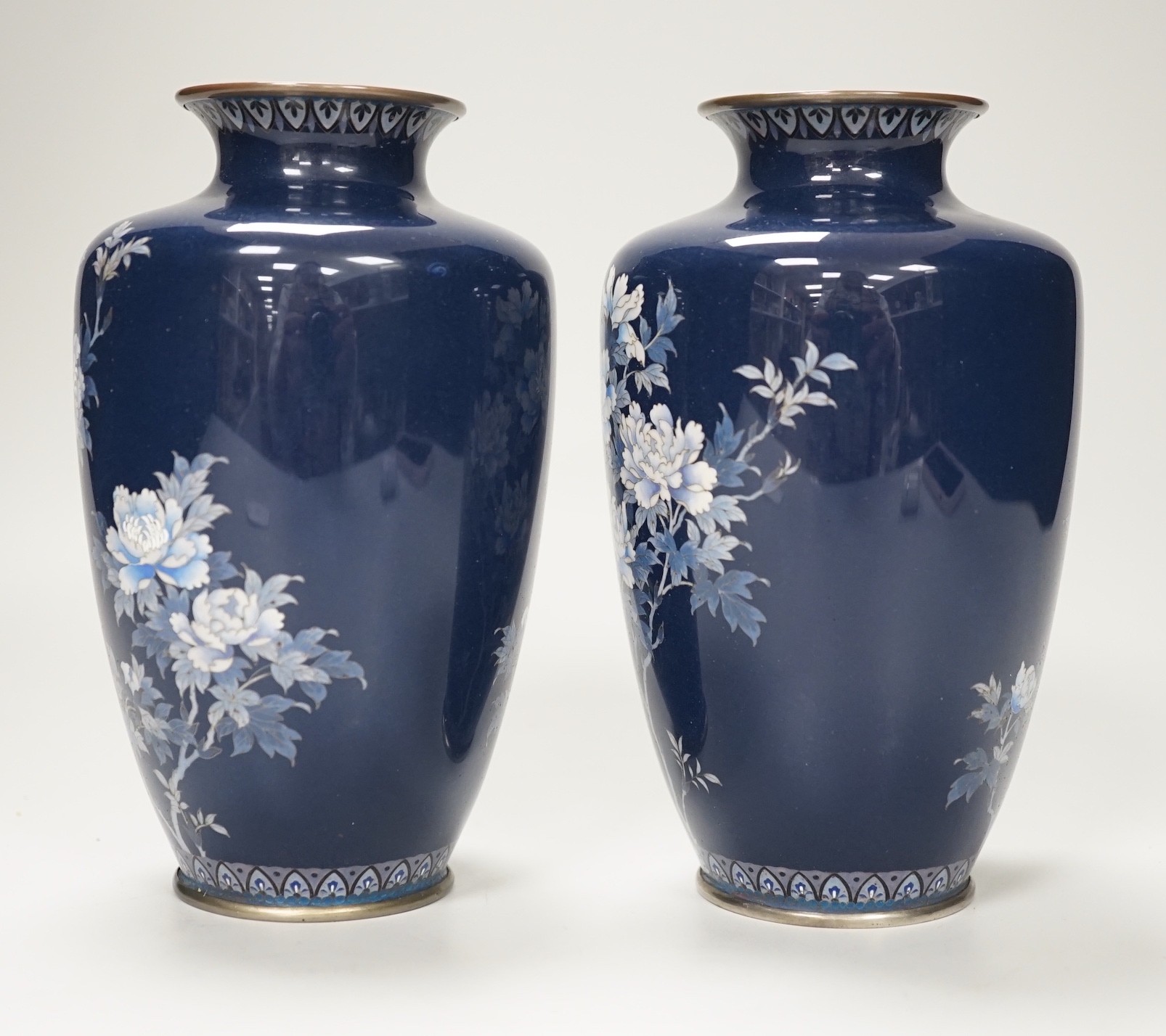 A pair of Japanese silver wine cloisonné enamel vases. 15cm high